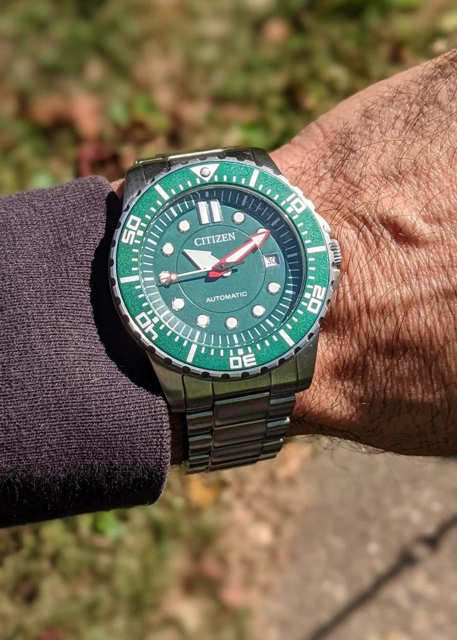 Citizen Promaster Mechanical Green Dial Silver Steel Strap Watch For Men - NJ0129-87X