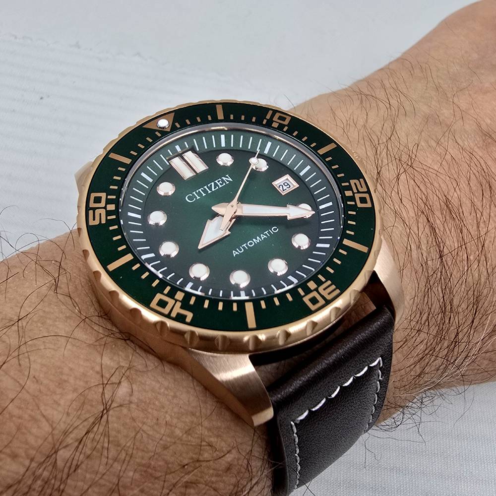 Men's Citizen Automatic Rose Gold Diver's Style Green Dial Watch - NJ0173-18X