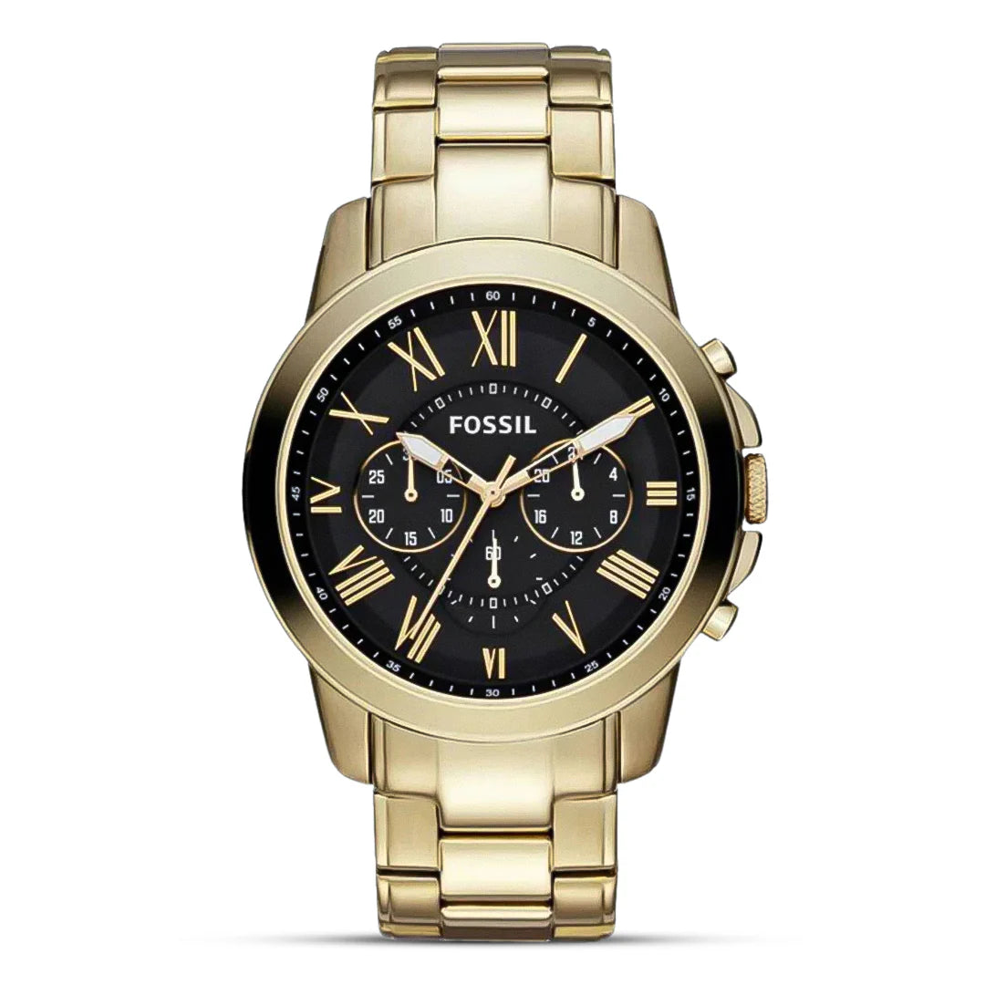 Fossil Grant Chronograph Black Dial Gold Steel Strap Watch for Men-FS4815