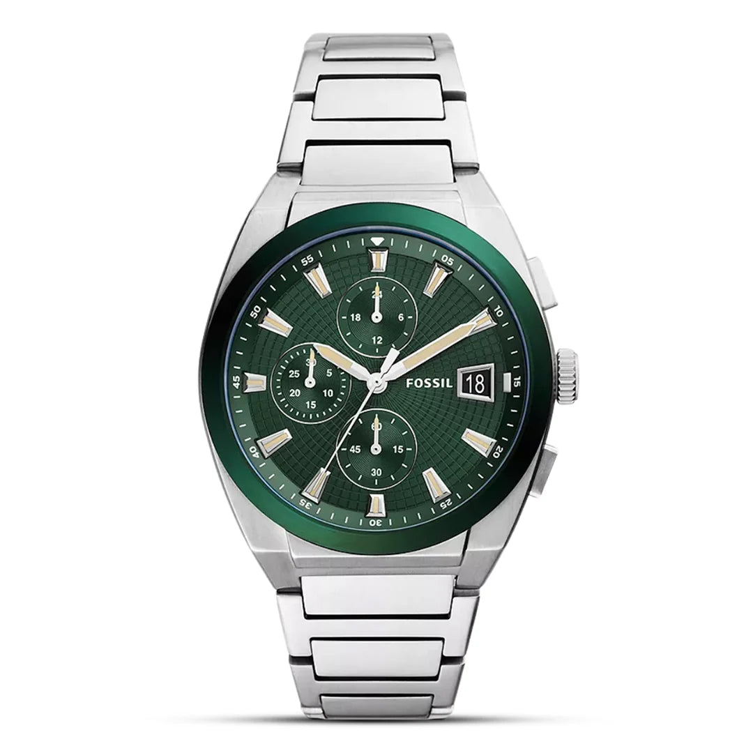 Fossil Everett Chronograph Green Dial Silver Steel Strap Watch for Men - FS5964