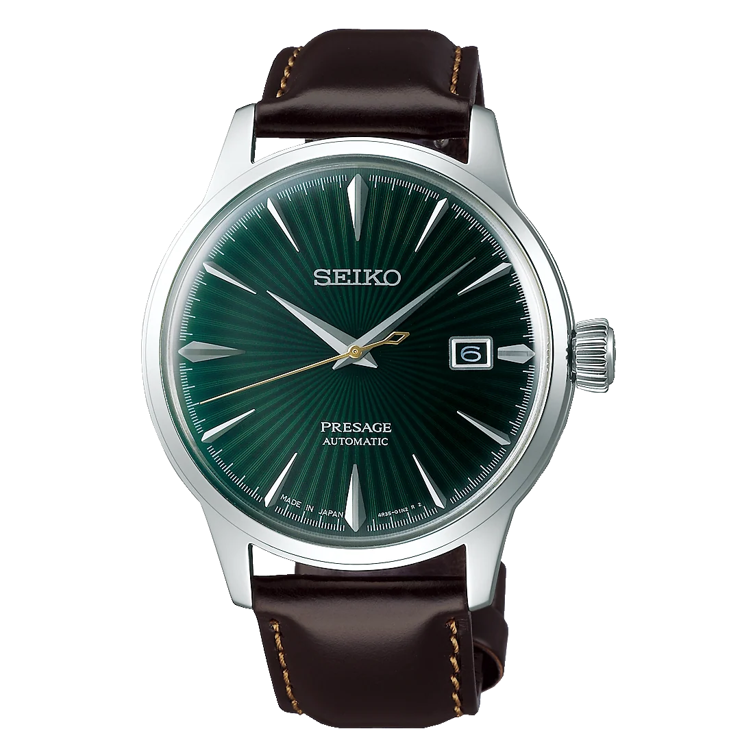 Seiko Presage Automatic Green Dial Cocktail Time Brown Leather Strap Men's Watch-SRPD37J1