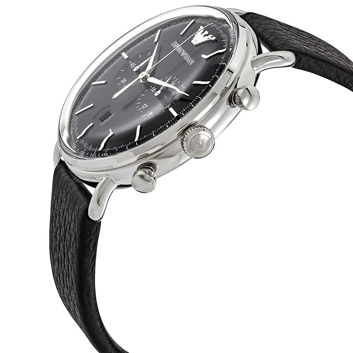 Emporio Armani Aviator Chronograph Black Dial Black Leather Strap Watch For Men - AR11143
