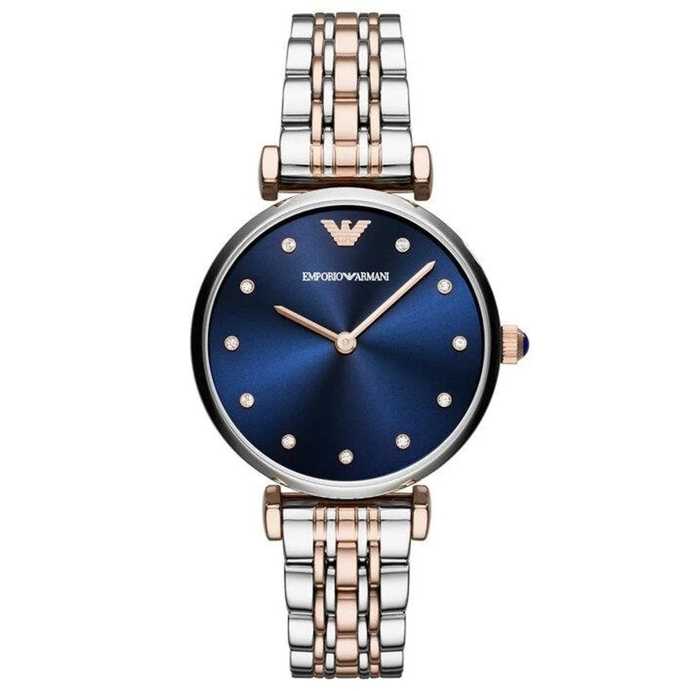 Emporio Armani Watch For Women Gianni T-Bar  with blue dial stainless steel belt with silver and rose gold color- AR11092