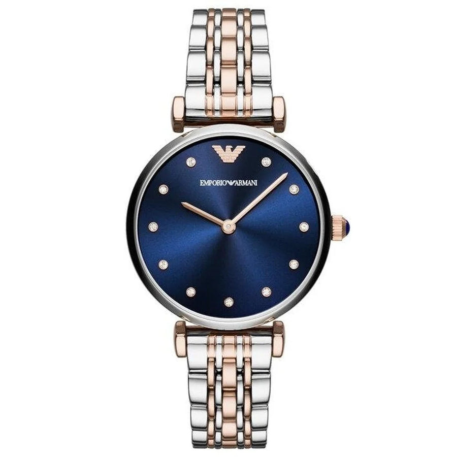 Emporio Armani Watch For Women Gianni T-Bar  with blue dial stainless steel belt with silver and rose gold color- AR11092