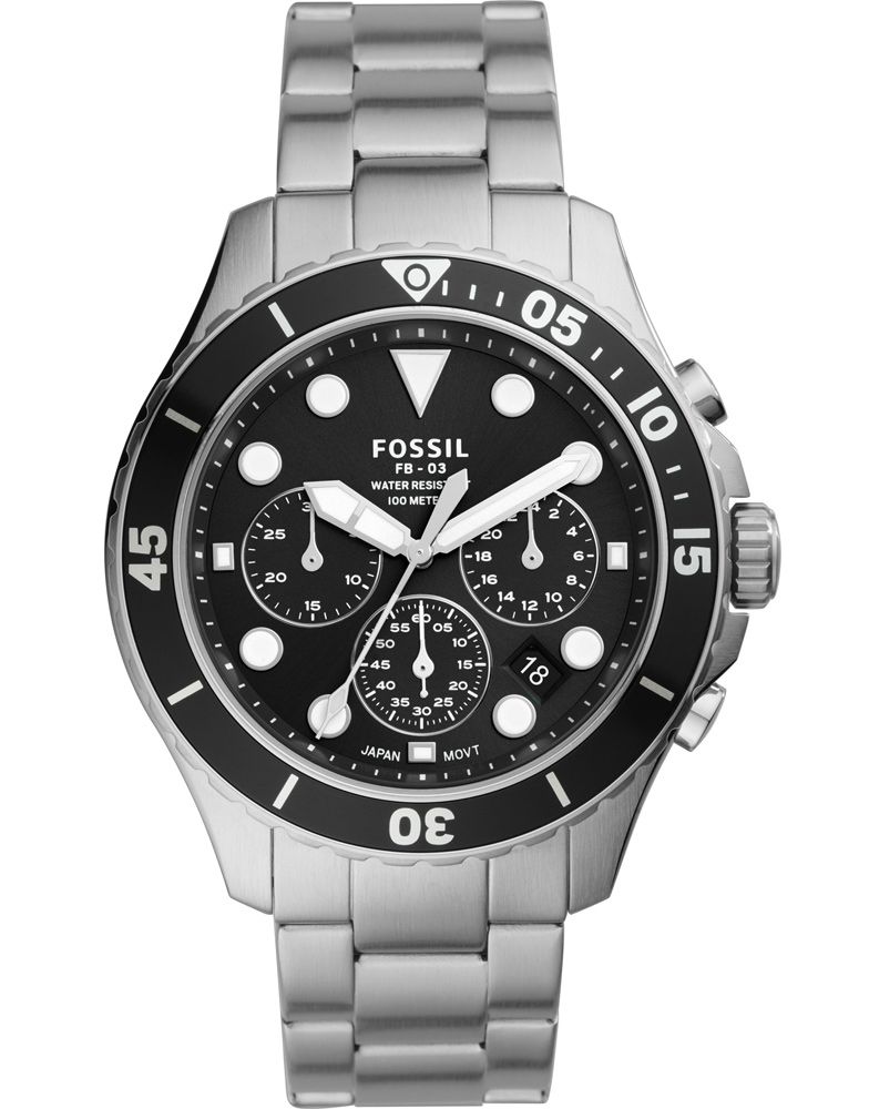 Fossil FB-03 Chronograph Black Dial Silver Steel Strap Watch for Men - FS5725