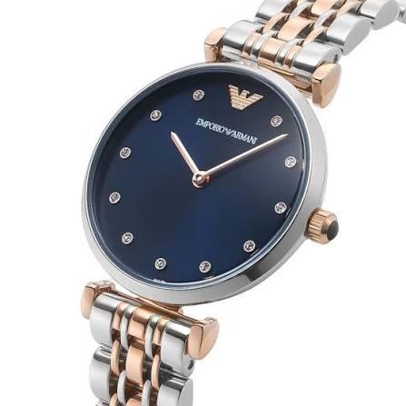 Emporio Armani Watch For Women Gianni T-Bar  with blue dial stainless steel belt with silver and rose gold color- AR11092