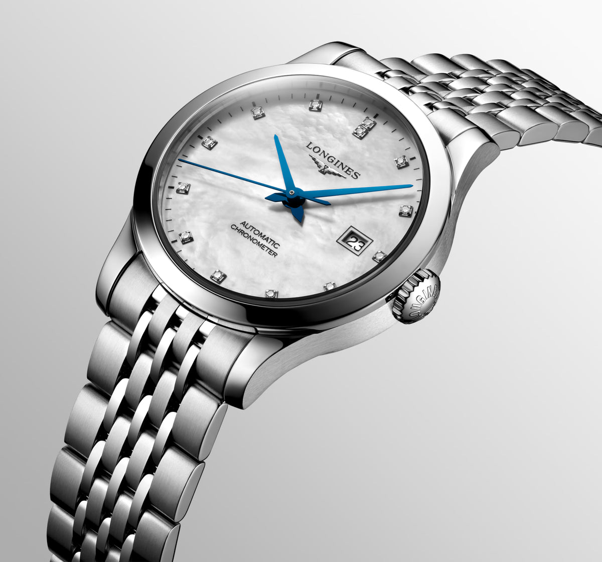 Longines Record Automatic Chronometer Diamond White Mother of Pearl Dial Ladies Watch - L2.321.4.87.6