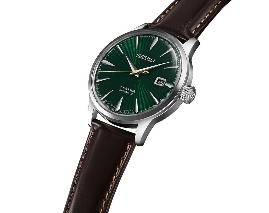 Seiko Presage Automatic Green Dial Cocktail Time Brown Leather Strap Men's Watch-SRPD37J1