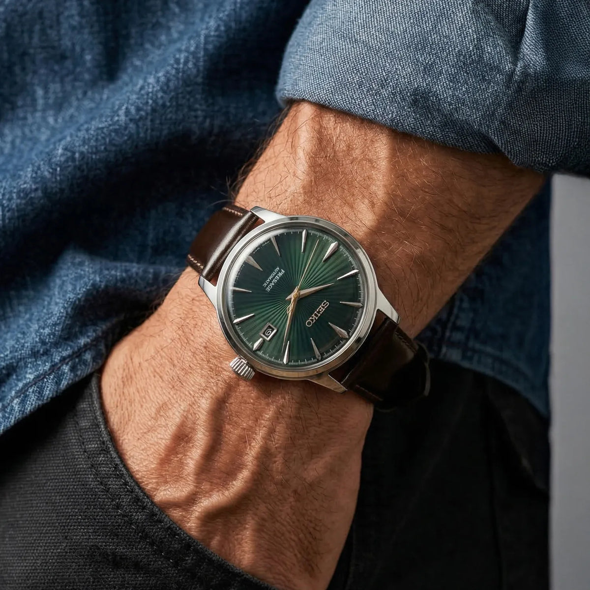 Seiko Presage Automatic Green Dial Cocktail Time Brown Leather Strap Men's Watch-SRPD37J1