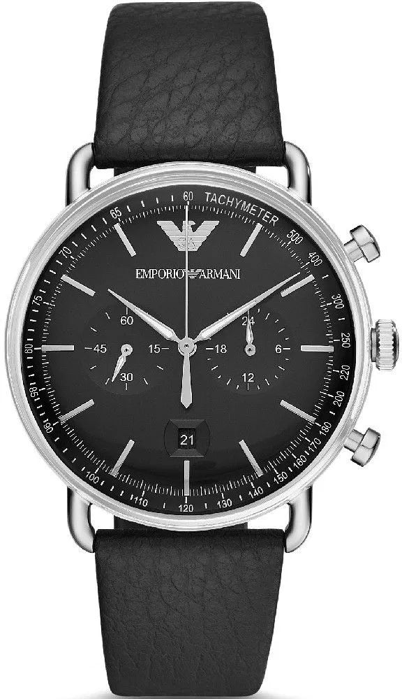 Emporio Armani Aviator Chronograph Black Dial Black Leather Strap Watch For Men - AR11143