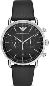 Emporio Armani Aviator Chronograph Black Dial Black Leather Strap Watch For Men - AR11143